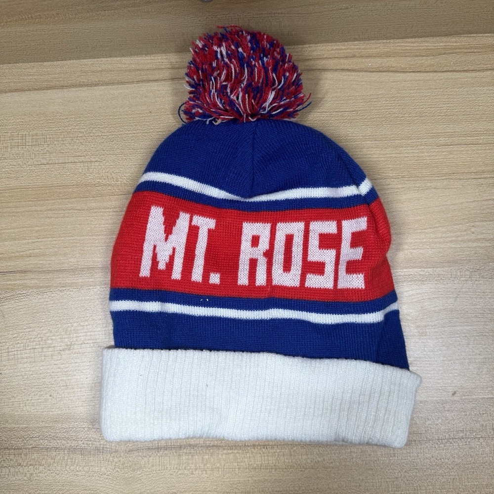 Vintage Ski Tahoe Mt. Rose Winter Hat Knit Cuffed Ski Cap Pom Pom Red White Blue